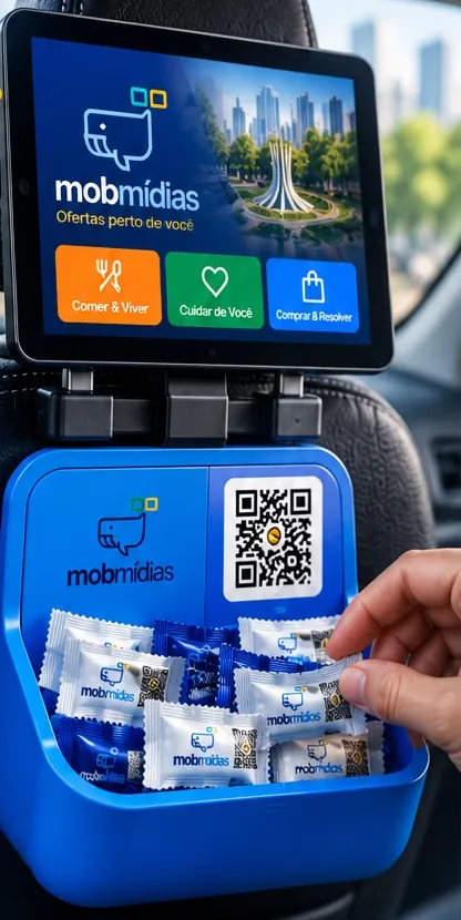 Mão pegando uma balinha personalizada no Mob Dispenser azul, com QR Code, no encosto do banco do carro